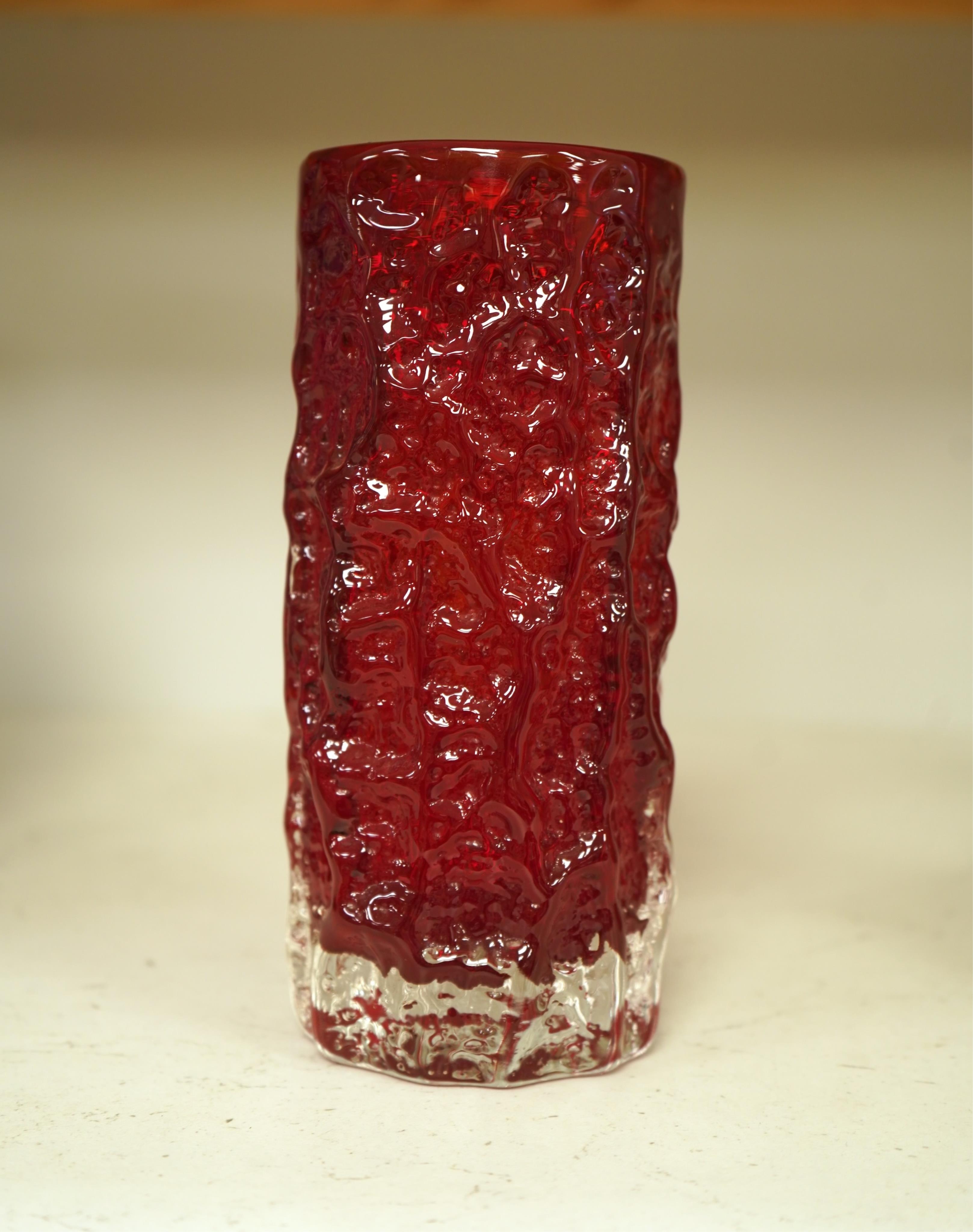 A Geoffrey Baxter for Whitefriars ruby red bark vase, 19cm high
